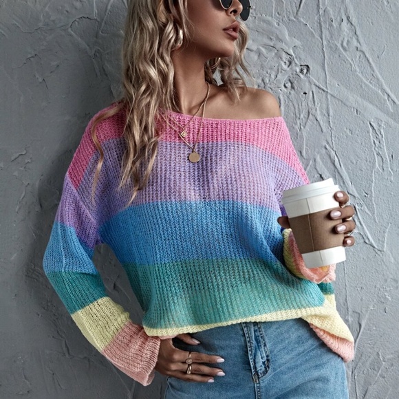pink color block stripes oversized knit sweater - Picture 2 of 6